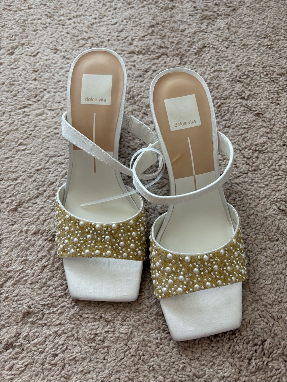 Dolce Vita White Sandals with Goldish Pearl-Embellished Strap